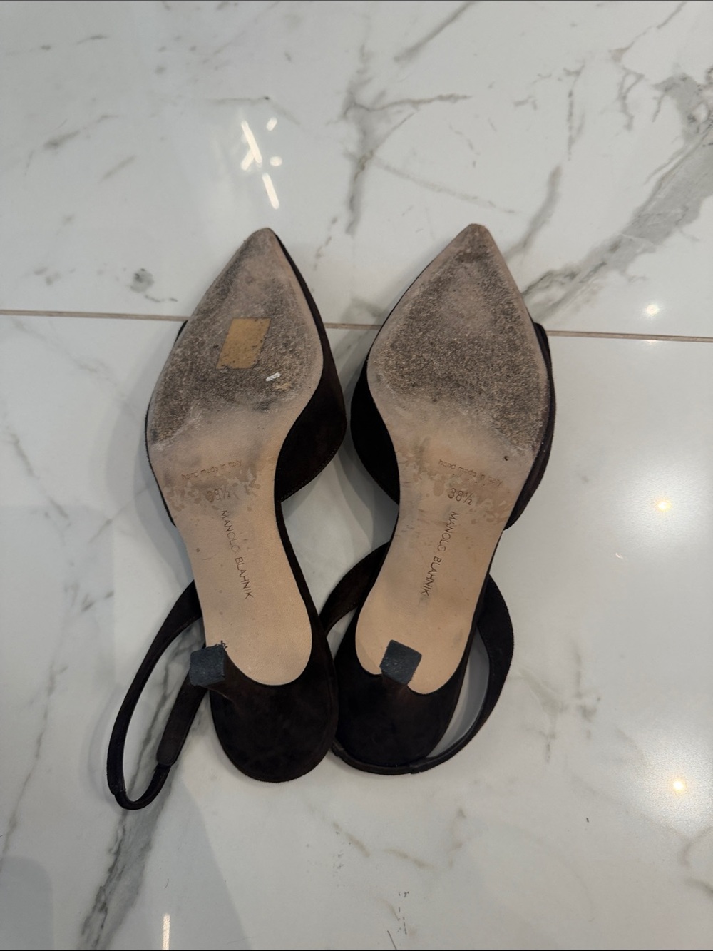 Manolo Blahnik Dark Brown Suede Pointed Slingback Pumps with Buckle - Picture 4 of 4